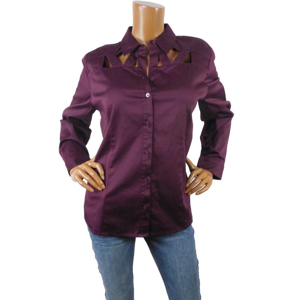 CHICO'S Top L Sz 2 Dark Plum Blouse NWT $56 Button Down Stretch Cotton Cut Out